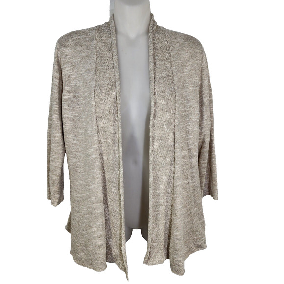 Eileen Fisher Cardigan Sweater Womens Small Beige Open Front Linen Blend 3/4 Slv - Picture 1 of 9